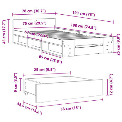 vidaXL Cama con cajón madera de ingeniería marrón roble 75x190 cm