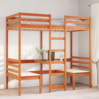 vidaXL Cama alta escritorio y asientos madera maciza marrón 75x190 cm