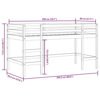 vidaXL Cama alta niños con cortinas madera pino blanco negro 80x200 cm