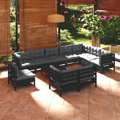 vidaXL Muebles de jardín 11 pzas con cojines negro madera maciza pino