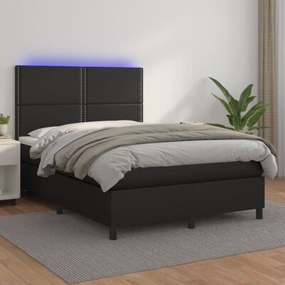 vidaXL Cama box spring colchón y LED cuero sintético negro 140x200 cm