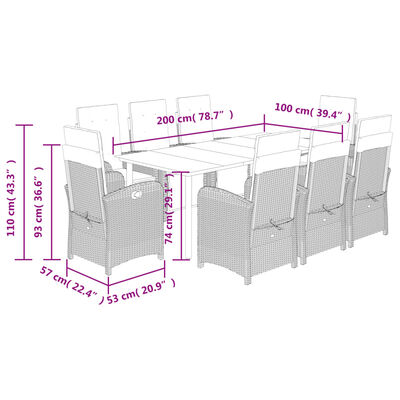 vidaXL Set comedor jardín 9 pzas y cojines ratán sintético gris