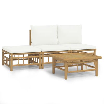 vidaXL Set de muebles de jardín 4 piezas bambú y cojines blanco crema