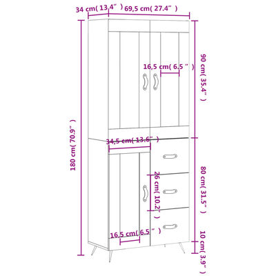 vidaXL Aparador alto madera contrachapada marrón roble 69,5x34x180 cm