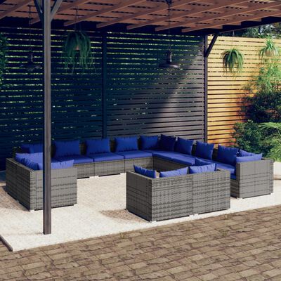 vidaXL Set de muebles de jardín 13 pzas y cojines ratán sintético gris