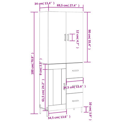 vidaXL Aparador alto madera contrachapada blanco brillo 69,5x34x180 cm