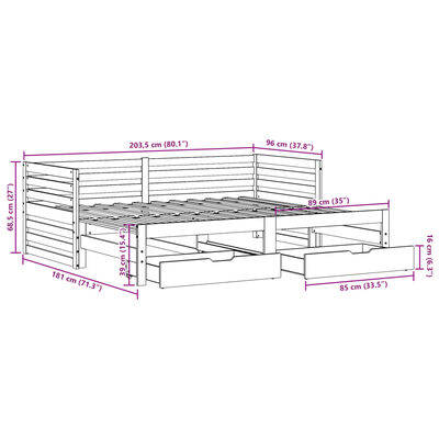 vidaXL Sofá cama con cajones madera maciza de pino blanco 90x200 cm