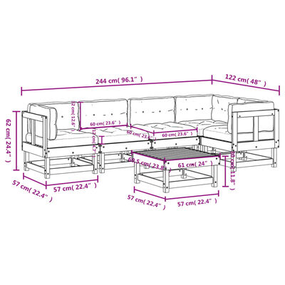 vidaXL Juego de muebles jardín 6 piezas y cojines madera maciza blanco