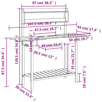 vidaXL Mesa para macetas con fregadero madera abeto 147,5x44x139,5 cm