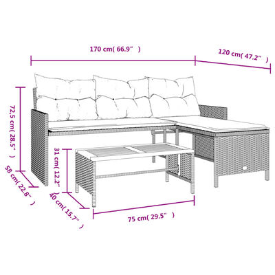 vidaXL Sofá de jardín en forma de L con mesa y cojines ratán PE beige