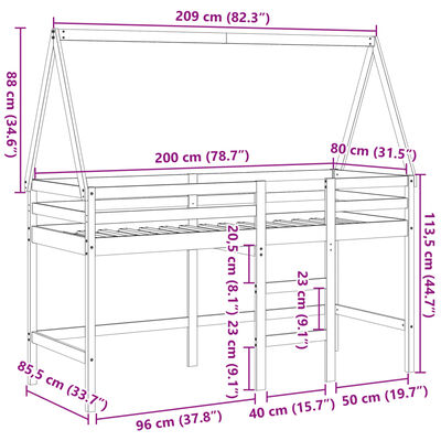 vidaXL Cama alta escalera y techo madera maciza pino blanca 80x200 cm