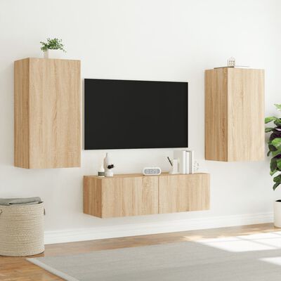vidaXL Muebles de TV de pared con luces LED 3 piezas roble Sonoma