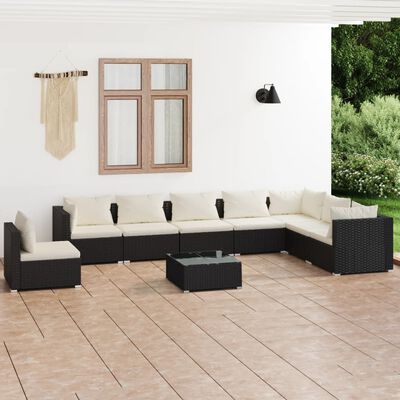 vidaXL Set muebles de jardín 9 pzas y cojines ratán sintético negro