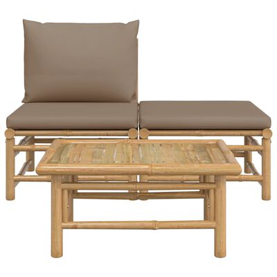 vidaXL Set de muebles de jardín 3 piezas bambú y cojines gris taupe