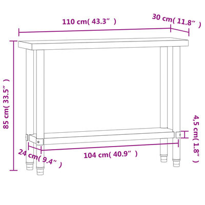 vidaXL Mesa de trabajo de cocina acero inoxidable 110x30x85 cm