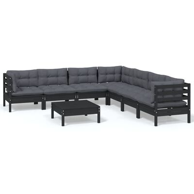 vidaXL Muebles de jardín 8 pzas con cojines negro madera maciza pino