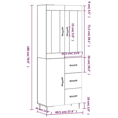 vidaXL Aparador alto madera contrachapada gris sonoma 69,5x34x180 cm