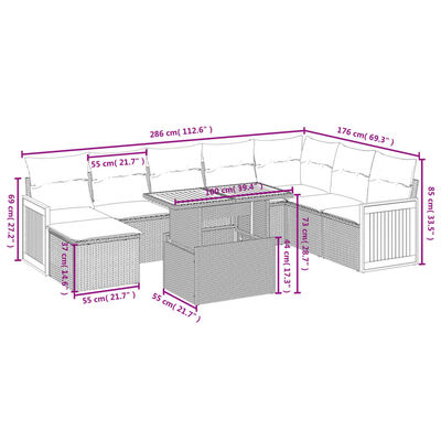 vidaXL Set de muebles de jardín 9 pzas y cojines ratán sintético gris