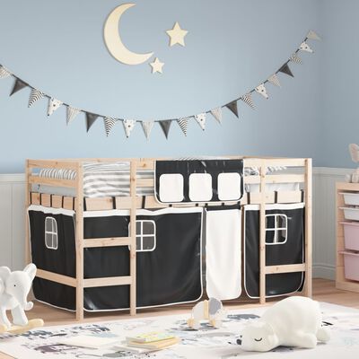 vidaXL Cama alta niños con cortinas madera pino blanco negro 80x200 cm