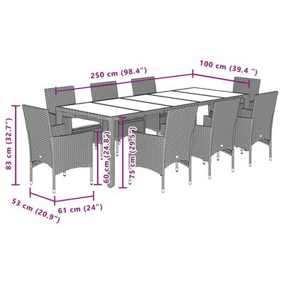 vidaXL Set comedor jardín 9 pzas y cojines ratán sintético vidrio gris