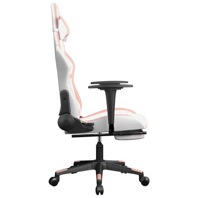 vidaXL Silla gaming masaje y reposapiés cuero sintético blanco y rosa