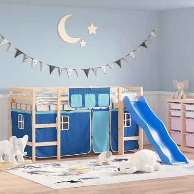 vidaXL Cama alta para niños con cortinas madera pino azul 90x190 cm