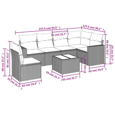 vidaXL Set de comedor de jardín 7 pzas y cojines ratán sintético negro