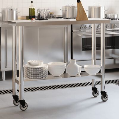 vidaXL Mesa de trabajo de cocina con ruedas acero inox 110x30x85 cm