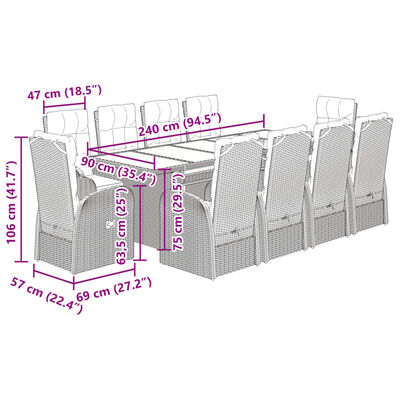 vidaXL Set de comedor de jardín 9 pzas y cojines ratán sintético negro