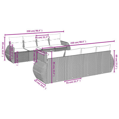 vidaXL Set de muebles de jardín 9 pzas y cojines ratán sintético gris