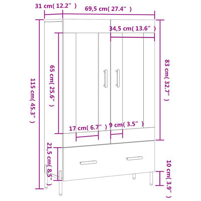 vidaXL Aparador alto madera de ingeniería blanco 69,5x31x115 cm