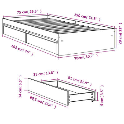 vidaXL Cama con cajones madera de ingeniería gris Sonoma 75x190 cm