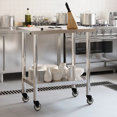 vidaXL Mesa de trabajo de cocina con ruedas acero inox 82,5x55x85 cm