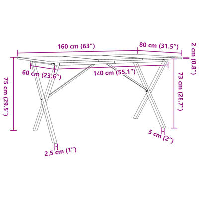 vidaXL Mesa de comedor marco X madera maciza pino y hierro 160x80x75cm