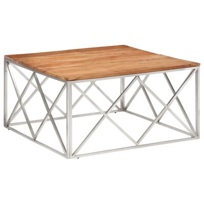 vidaXL Mesa de centro acero inoxidable plateado y madera maciza acacia