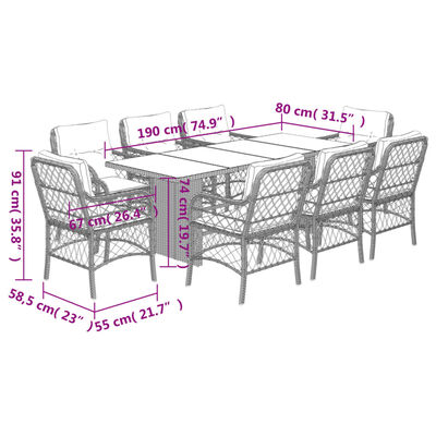 vidaXL Set comedor de jardín 9 pzas con cojines ratán sintético beige