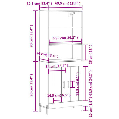 vidaXL Aparador alto madera contrachapada gris hormigón 69,5x34x180 cm