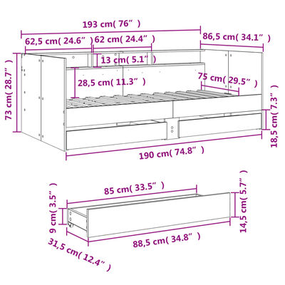 vidaXL Sofá cama con cajones sin colchón roble Sonoma 75x190 cm