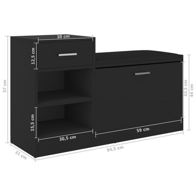 vidaXL Banco zapatero de madera de ingeniería negro 94,5x31x57 cm