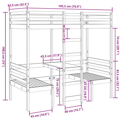 vidaXL Cama alta con escritorio y asientos madera maciza 75x190 cm