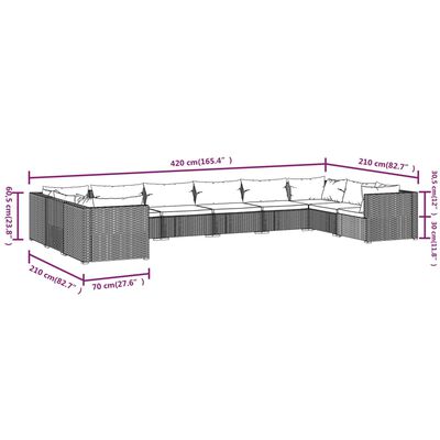 vidaXL Set de muebles de jardín 10 pzas y cojines ratán sintético gris