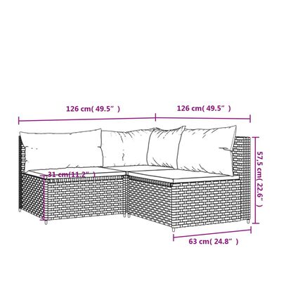 vidaXL Set de muebles de jardín 3 pzas y cojines ratán sintético negro