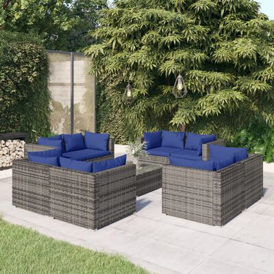 vidaXL Set de muebles de jardín 9 pzas y cojines ratán sintético gris