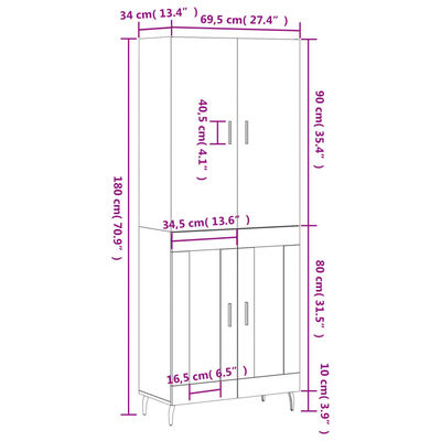 vidaXL Aparador alto madera contrachapada marrón roble 69,5x34x180 cm