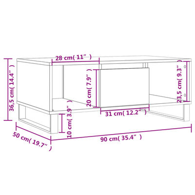 vidaXL Mesa de centro madera contrachapada gris Sonoma 90x50x36,5 cm