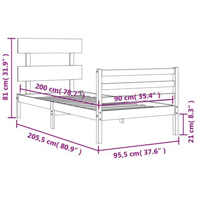 vidaXL Estructura de cama con cabecero madera maciza negro 90x200 cm