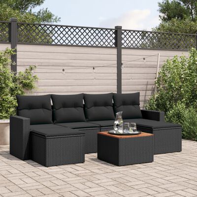 vidaXL Set de comedor de jardín 7 pzas y cojines ratán sintético negro