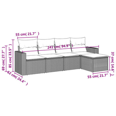 vidaXL Set de muebles de jardín 5 pzas y cojines ratán sintético negro