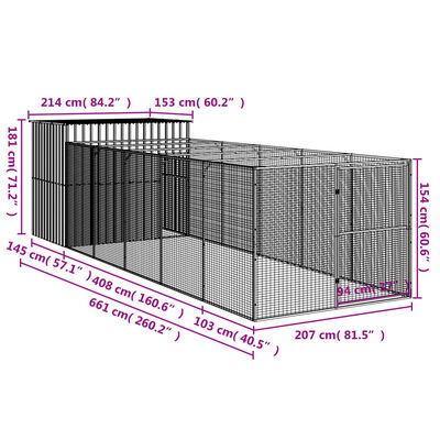 vidaXL Caseta perros con corral acero galvanizado gris 214x661x181 cm