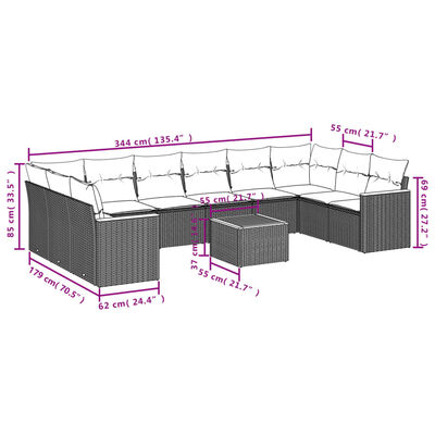 vidaXL Set de sofás de jardín 11 pzas y cojines ratán sintético negro